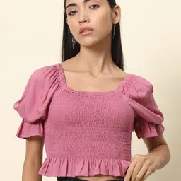 Trend Arrest Puff Sleeves Crop Smocking Top-image-86