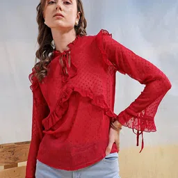 Freehand by The Indian Garage Co Self Design Tie-Up Neck Bell Sleeve Top-picture-23