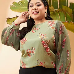 SASSAFRAS Curve Plus Size Floral Printed Cuffed Sleeves Top-image-49