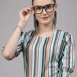 Style Quotient Turquoise Blue & Black Vertical Striped Bell Sleeve Regular Top-picture-21