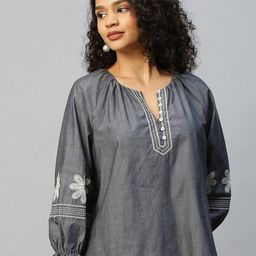 Chemistry Charcoal Floral Print Chambray Pure Cotton Top-picture-16