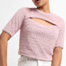 Campus Sutra Faux Fur Trim Cut-Out Crop Top-image-71