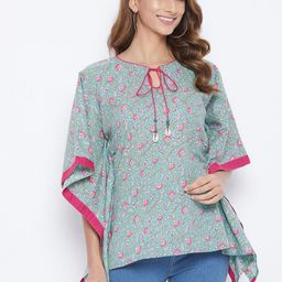 The Kaftan Company Women Blue Floral Tie-Up Neck A-Line Top-picture-31