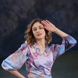 Athena V-Neck Abstract Printed Ruffles Wrap Crop Top image 1