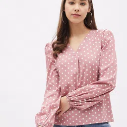 Harpa Pink & White Polka Dot Print Casual Crepe Top-picture-20