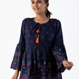 KALINI Blue Floral Print Tie-Up Neck Indigo Empire Top-picture-24
