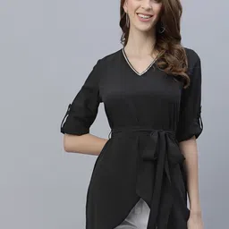 RAASSIO Roll-Up Sleeves Crepe High-Low Longline Top-picture-34