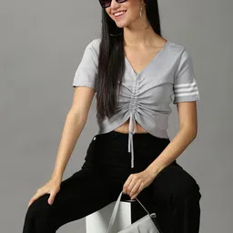 SHOWOFF Grey & White Striped Crop Top image 1