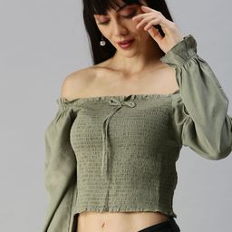 SHOWOFF Olive Green Off-Shoulder Bardot Top-picture-41