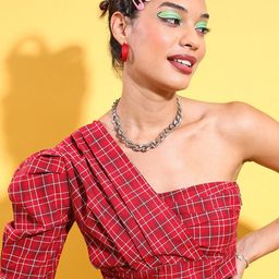 Tokyo Talkies Checked One Shoulder Casual Top-picture-9
