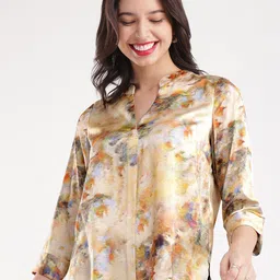 FableStreet Floral Print Mandarin Collar Satin Shirt Style Top-picture-33