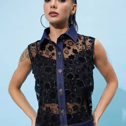 Athena Blue Self Design Shirt Collar Sleeveless Sheer Net Shirt Style Top-picture-41