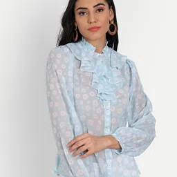 masakali.co Masakali Co Blue Floral Print Mandarin Collar Ruffles Georgette Shirt Style Top image 1