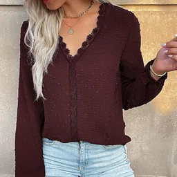 StyleCast Burgundy Self Design Cuffed Sleeves Shirt Style Top-picture-11