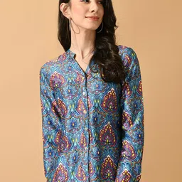 Sangria Ethnic Motifs Printed Satin Shirt Style Top image 1