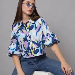 CHARMGAL Abstract Printed Shirt Style Shirt Collar Crop Top image 1