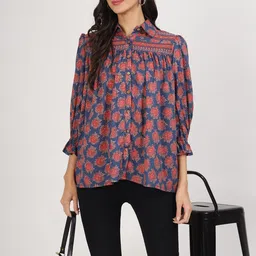 KALINI Floral Printed Cuffed Sleeves Gathered Cotton Shirt Style Top-image-13