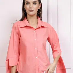 Athena High Low Cuffed Sleeves Cotton Shirt Style Top-picture-34