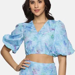 ISU Floral Printed Puff Sleeves V-Neck Blouson Crop Top-picture-30