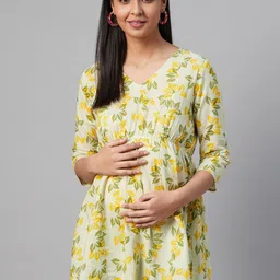anayna Lime Green & Yellow Leaf Print Longline Maternity & Nursing Empire Pure Cotton Top-picture-19