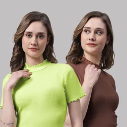 FBAR Pack Of 2 High Neck Ribbed Bio-Wash Cotton Tops-picture-18