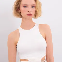 PRET A TUER Round Neck Waist Tie Up Cotton Fitted Crop Top-image-0