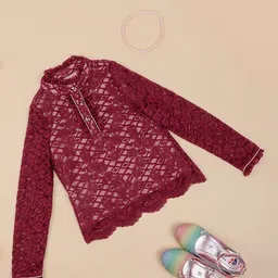 One Friday Girls Self Design Mandarin Collar Long Sleeves Cotton Lace Top-picture-23
