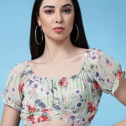 Oomph! Floral Printed Puff Sleeves Waist Tie-Up Regular Crop Top-picture-31