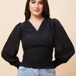 Globus Self Designed Smocked Detailed V-Neck Puff Sleeves Top-image-90