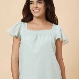 Globus Mint Green Self Design Square Neck Flared Sleeves Top-image-4