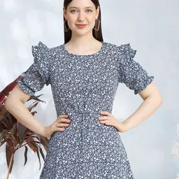 BAESD Floral Printed Round Neck Puff Sleeve Ruffled Cinched Waist Top-picture-37