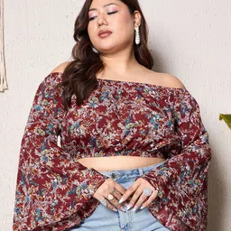 Berrylush Curve Floral Printed Off-Shoulder Bardot Crop Top image 2
