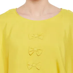 Ruhaans Women Mustard Crepe Cold Shoulder Bow Top image 3