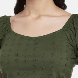 People Women Olive Green Self Design Sweetheart Neck Pure Cotton Regular  Top image 2