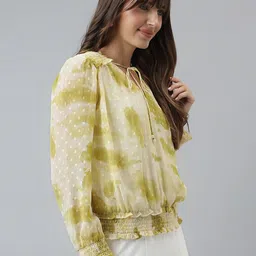 Latin Quarters Printed Tie-Up Neck Blouson Top image 2