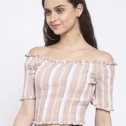 Zastraa Peach-Coloured Vertical Striped Off-Shoulder Smocked Bardot Crop Top image 3