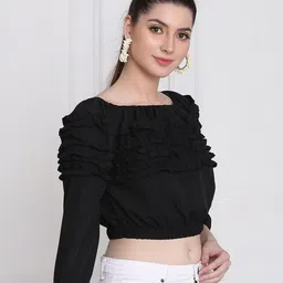 BUY NEW TREND Black Ruffles Blouson Crop Top image 3