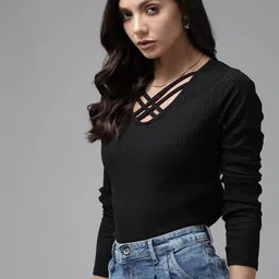 Roadster Black V-Neck Ribbed Top image 3