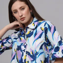 CHARMGAL Abstract Printed Shirt Style Shirt Collar Crop Top image 3
