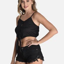 StyFun Georgette Shoulder Straps Waist Tie-Ups Shirt Style Crop Top image 3