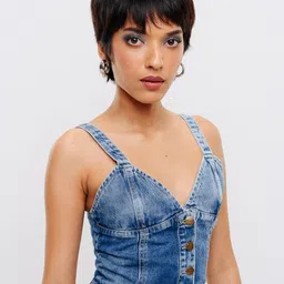 FREAKINS Blue Shoulder Strapped Cotton Denim Bralette Crop Top image 3