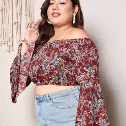 Berrylush Curve Floral Printed Off-Shoulder Bardot Crop Top image 4