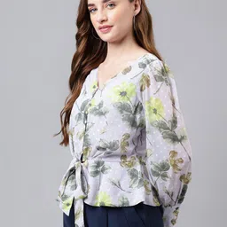 Latin Quarters Floral Printed V-Neck Cinched Waist Top image 4