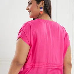 CURVE BY KASSUALLY Fuchsia V-Neck Extended Sleeves Pure Cotton Cinched Waist Top image 4