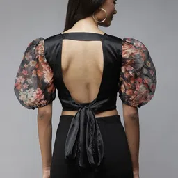 PANIT Black & Red Floral Print Satin Blouson Crop Top image 4