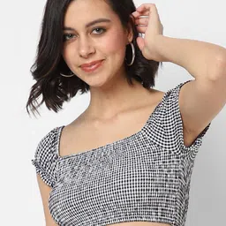 VASTRADO Black & gray Checked Crop Top image 4