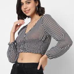 VASTRADO Black Striped Blouson Crop Top image 4