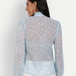 masakali.co Masakali Co Blue Floral Print Mandarin Collar Ruffles Georgette Shirt Style Top image 5