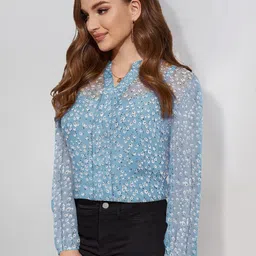 KERI PERRY Floral Printed Mandarin Collar Puff Sleeves Semi Sheer Shirt Style Top image 3