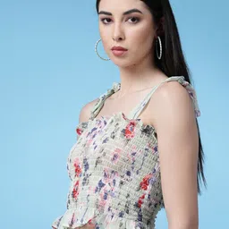 Oomph! Floral Printed Shoulder Straps Smocked Fitted Crop Top image 4